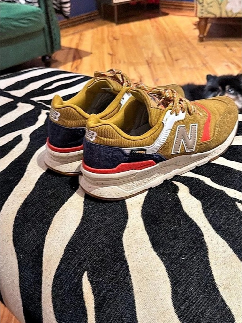 New Balance 574 Sneakers Mustard Yellow with navy blue and red details US 10.5 D
